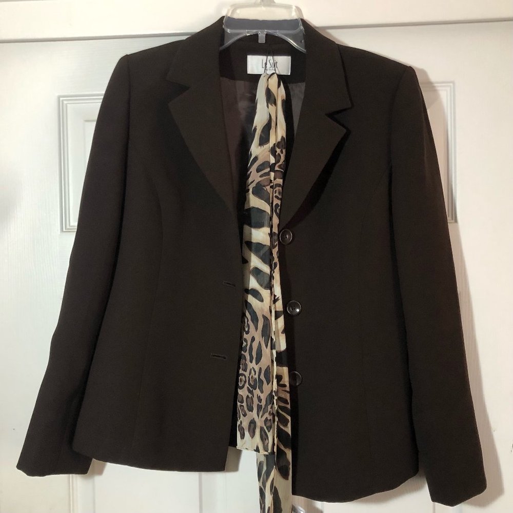 Le Suit Petite 10 Two Piece Brown Print Skirt Suit